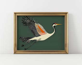 Fancy Flying Crane, Art Deco Wall Art, Retro Mid Century Modern House Decor, Bird Lover Decor, Vintage Japandi Wall Art, Digital Download