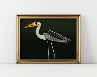 Impresión de grulla retro, arte mural art déco horizontal, decoración moderna de mediados de siglo, decoración para amantes de las aves, orientación horizontal vintage, descarga digital