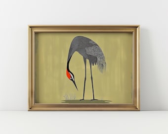 Retro Heron Print, Horizontal Art Deco Wall Art, Vintage Landscape Orientation, Digital Download