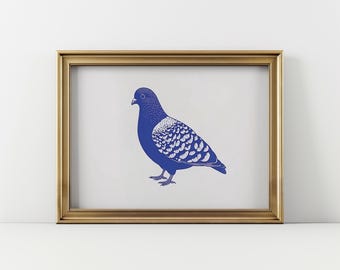 Taubendruck, minimalistische blaue Druckgrafik, horizontale Landschaftsausrichtung Wandkunst, Taubenliebhaber Wandkunst, digitaler Download