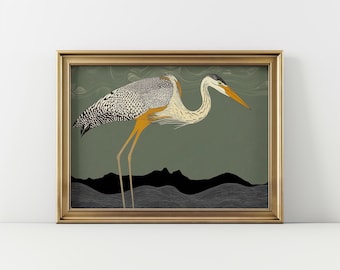 Vintage Heron Print, Horizontal Art Deco Wall Art, Mid Century Modern Decor, Bird Lover Decor, Retro Landscape Orientation, Digital Download