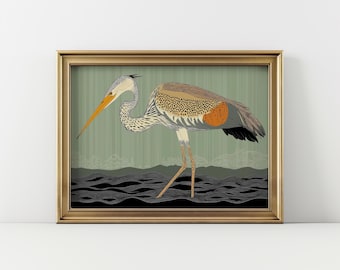 Green Heron Print, Horizontal Art Deco Wall Art, Mid Century Modern Decor, Bird Lover Decor, Vintage Landscape Orientation, Digital Download