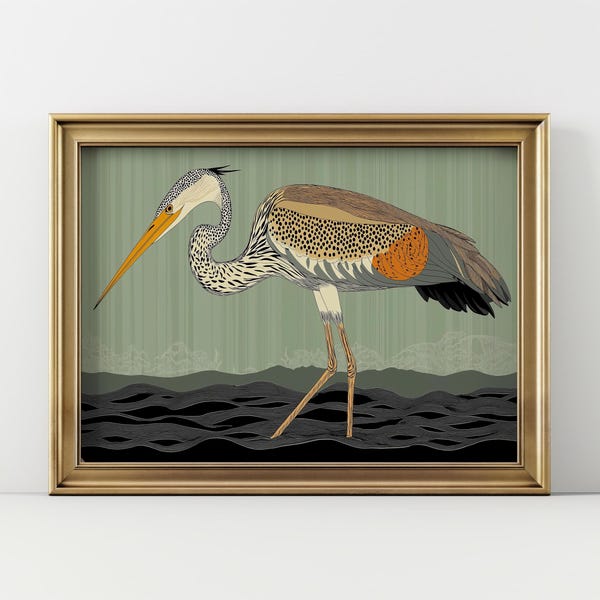 Grüner Reiher-Druck, horizontale Art-Deco-Wandkunst, modernes Dekor der Mitte des Jahrhunderts, Vogelliebhaber-Dekor, Vintage Landschaftsausrichtung, digitaler Download