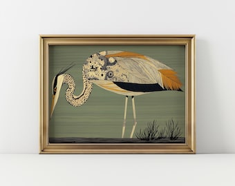 Hungry Heron Print, Horizontal Art Deco Wall Art, Mid Century Modern Art, Bird Lover Decor, Vintage Landscape Orientation, Digital Download