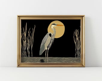 Retro Heron Print, Horizontal Art Deco Wall Art, Mid Century Modern Decor, Bird Lover Decor, Vintage Landscape Orientation, Digital Download