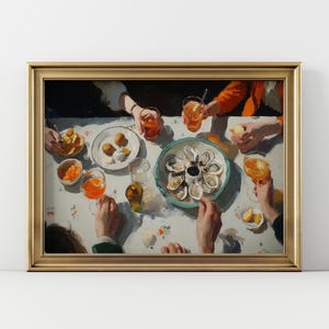 May include: A framed painting depicts a gathering around a table. The table is set with plates of food, drinks, and a central platter of oysters. Hands reach for food and drinks, creating a sense of conviviality. The artwork is in a gold frame.