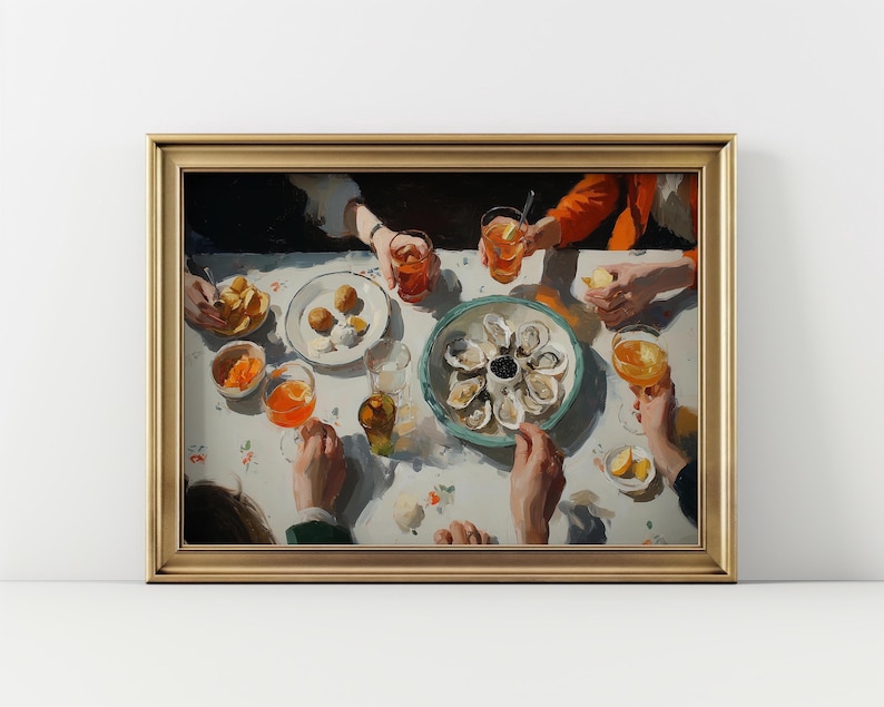 May include: A framed painting depicts a gathering around a table. The table is set with plates of food, drinks, and a central platter of oysters. Hands reach for food and drinks, creating a sense of conviviality. The artwork is in a gold frame.