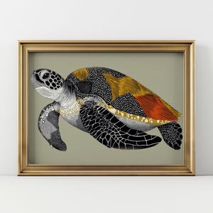 Vintage Sea Turtle Print, Retro Horizontal Landscape Orientation Wall Art, Coastal Ocean Lover Artwork, Digital Download