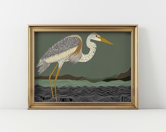 Retro Heron Print, Horizontal Art Deco Wall Art, Mid Century Modern Decor, Bird Lover Decor, Vintage Landscape Orientation, Digital Download