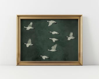 Emerald Green Flock of Geese Print, Horizontal Landscape Orientation Wall Art, Modern House Decor, Retro Vintage Painting (Digital Download)