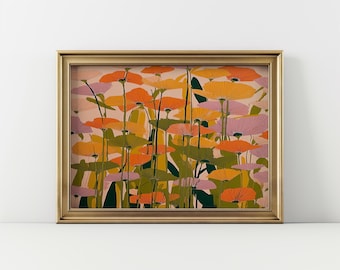 Pink Orange Art Deco Floral Wall Art, Horizontal Landscape Orientation Flower Artwork, Digital Download