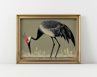 Retro Green Heron Print, Horizontal Art Deco Wall Art, Vintage Landscape Orientation, Digital Download