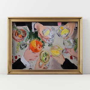 May include: A framed painting depicts a celebratory toast with various cocktails. The artwork showcases hands holding glasses filled with colorful drinks, garnished with citrus and herbs. The painting is set against a neutral background.