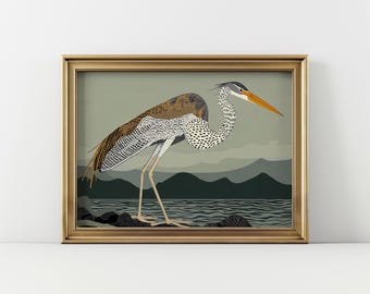 Sage Heron Print, Horizontal Art Deco Wall Art, Mid Century Modern Decor, Bird Lover Decor, Vintage Landscape Orientation, Digital Download
