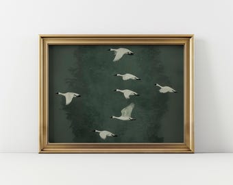 Flock of Geese Emerald Green Print, Horizontal Landscape Orientation, Modern House Decor, Retro Vintage Painting, Digital Download Print.