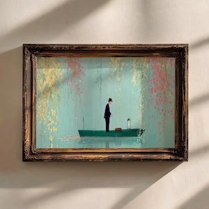 May include: Framed art print depicting a person in a boat on a teal lake, with pink and gold floral accents. The person is wearing a black suit and hat. A lantern and a box are in the boat. The frame is brown.