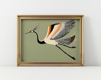 Green Flying Crane Print, Art Deco Wall Art, Retro Landscape Orientation Decor, Bird Lover Decor, Horizontal Wall Art, Digital Download
