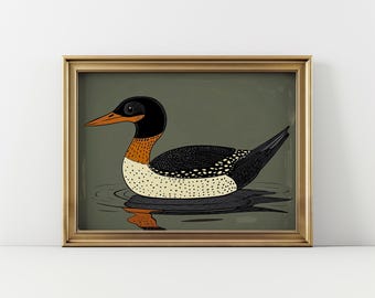 Vintage Loon Wall Art, Horizontal Landscape Orientation Artwork, Printable Digital Download,