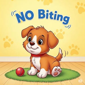 May include: A cartoon illustration of a brown and white puppy with a red collar sitting on a green mat. A red ball is next to the puppy. The words "NO Biting" are written in blue above the puppy.