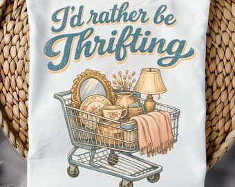 I’d Rather Be Thrifting PNG, blue and gold vintage decor cart,thrift aesthetic shirt design, retro thrifting graphic, boutique style digital