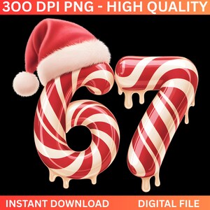 Könnte beinhalten: Eine digitale Illustration der Zahlen 6 und 7, die als Zuckerstangen mit rot-weißen Streifen gestaltet sind. Die Zahl 6 ist mit einem Weihnachtsmütze bedeckt. Die Zuckerstangen haben ein glänzendes Finish mit tropfendem weißem Zuckerguss. Der Hintergrund ist schwarz.