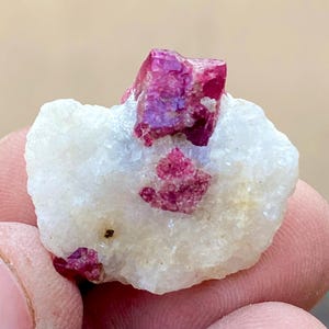 Peut inclure: Spécimen minéral naturel avec des cristaux rouge vif sur une matrice de pierre blanche. Les cristaux ont un aspect facetté et la pierre une surface rugueuse et texturée. Une pièce unique pour les collectionneurs.