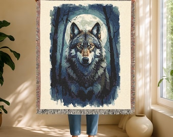 Wolf Moon Woven Blanket | Woodland Tapestry, Nature Lover Gift