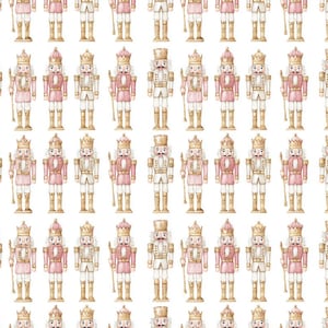 May include: A repeating pattern of watercolor nutcracker soldiers in pink, white, and gold. Each soldier has a crown and holds a staff. The design is on a white background, creating a festive holiday theme.