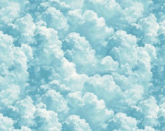 May include: A seamless pattern of fluffy white clouds against a light blue sky. The clouds are densely packed, creating a soft, textured appearance. The image evokes a sense of calm and serenity, perfect for backgrounds or fabric designs.
