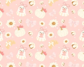 Coquette Fall Ghost fabric,Cotton Quilting Sewing Halloween Pumpkin Fabric,Fabric By Half Yard