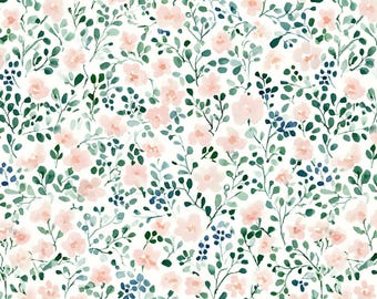 Op de afbeelding: Waterverf bloemenpatroon met een herhalend ontwerp van zachtroze bloemen, groene bladeren en kleine blauwe accenten op een witte achtergrond. Het ontwerp heeft een delicate, handgeschilderde uitstraling, perfect voor stof of behang.