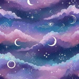 Könnte beinhalten: Ein nahtloses Muster mit einem Nachthimmel voller violetter, blauer und rosafarbener Wolken. Das Design zeigt weiße Strichzeichnungen von zunehmenden Monden, einem Vollmond, verschiedenen Sternformen, Berggipfeln, Wellenlinien und einem Auge.