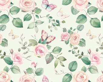 Vintage Spring Rose With Butterfly fabric,Cotton Quilting Sewing Fabric,Fabric By Half Yard