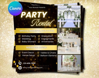 Flyer feestverhuur, flyer evenementenbenodigdheden, flyer verhuur evenementmateriaal, kant-en-klare decoratieflyer feestplanning, bewerkbaar canvas