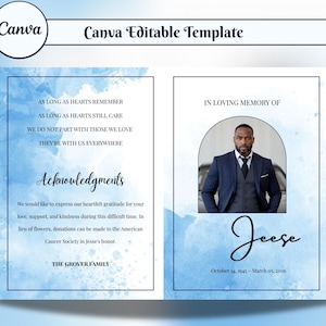 May include: A Canva editable template for a memorial service. The design features a blue watercolor background with text that reads "In Loving Memory of Jeese" and includes a photograph. The template also includes the dates October 14, 1945 - March 01, 2026.