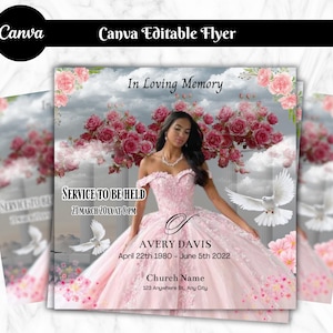 May include: A Canva-designed flyer with the text "In Loving Memory" and "Service to be held". The flyer features a woman in a pink dress, doves, and floral arrangements. The flyer also includes the name Avery Davis and dates.