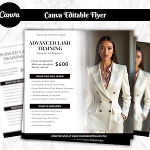 Könnte beinhalten: Werbeflyer für ein fortgeschrittenes Wimperntraining, konzipiert für Anfänger. Das Bild zeigt eine Frau in einem weißen Anzug. Der Text enthält "Advanced Lash Training", "Was Sie lernen werden" und "Was enthalten ist". Die Gesamtinvestition beträgt 600 $.