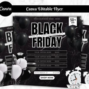 Puede incluir: Diseño de volante de Black Friday con globos negros y fondo de mármol. El volante incluye el texto "BLACK FRIDAY" en letras blancas grandes, con "SUPER SALE" arriba y abajo. También presenta un reloj, una etiqueta "50% OFF" y la fecha.