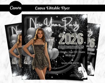 May include: A black and white flyer for a New Year's Eve party. The flyer features the text "New Year Party 2026" with the date "30th December 2025". A woman in a sequined dress is in the center. The flyer also includes details about free drinks, a live DJ, and dance.