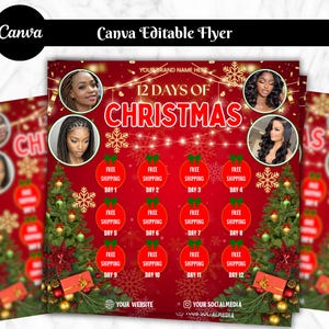 May include: A red Christmas-themed flyer with the text "12 Days of Christmas" and images of women. The flyer includes text such as "Free Shipping" and "Day 1" through "Day 12". The flyer also includes a Christmas tree and gift boxes.