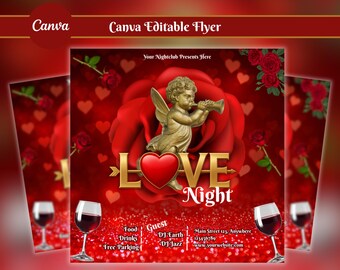 May include: A red and gold flyer for a "Love Night" event, featuring a cupid statue, a large red rose, and heart shapes. The flyer includes text such as "Food", "Drinks", and "Free Parking". Two glasses of red wine are in the foreground.
