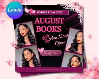 DIY August Booking Flyer, August Specials, August Bookings Available for MUA, Hair, Lashes, Nails Flyer, DIY Canva Template, Book Now