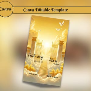 Peut inclure: Un modèle Canva doré avec le texte "Celebrating The Life Of Olivia Walker". Le design présente un escalier vers le ciel, des nuages et des colombes. Les dates de naissance et de décès sont incluses. Le logo Canva est en haut à gauche.