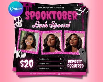 Peut inclure: Flyer promotionnel pour une offre spéciale de cils, avec le texte "SPOOKTOBER Lash Special" en rose sur fond noir. Le flyer comprend des images de femmes, un crâne, des chauves-souris et un fantôme. Le prix est de 20€, avec acompte requis.