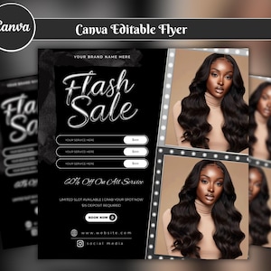 Può includere: Volantino in bianco e nero con la scritta "Flash Sale" in un font elegante. Il volantino include immagini di una donna con lunghi capelli neri ondulati. Il volantino include anche il testo "60% di sconto su tutti i servizi" e informazioni sul sito web e sui social media.