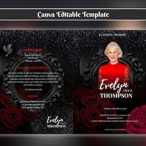 Red and Black Funeral Program Template for men 8 Pages Bifold Funeral Program Template Canva Obituary Red Sky Funeral Program
