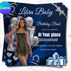 May include: A stack of navy blue Libra Baby birthday party invitations. The invitations feature a woman in a sequined dress, silver balloons, and the text "Birthday Bash" and "At Your place 30th | August | 2025".