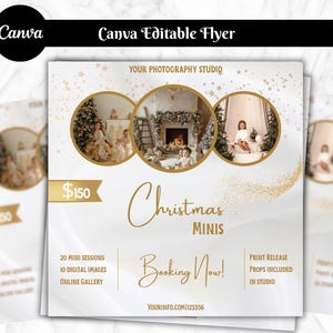 May include: A white flyer with gold accents promoting Christmas Mini photo sessions. The flyer includes three circular photo examples, the text "Christmas MINIS", and the words "Booking Now!" The price is $150.