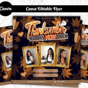 May include: A promotional flyer with a dark blue background and gold accents. The text "Thanksvember BOOKS NOW OPEN" is displayed in gold. Three framed photos of women are featured. The flyer includes the Canva logo and social media handles.