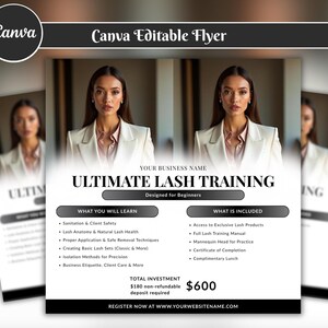 Puede incluir: Un folleto para Ultimate Lash Training, diseñado para principiantes. La imagen muestra a una mujer con una blazer blanca y camisa rosa. El folleto detalla el contenido del curso, incluyendo lo que aprenderás y lo que está incluido.